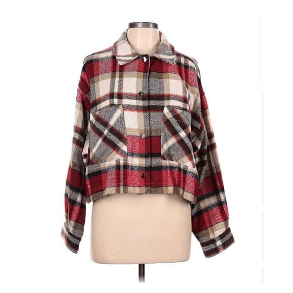 Zara Jackets & Blazers - Zara Shacket Cropped Oversized Boxy Red Plaid Y2K Snap Button Collard, Size L